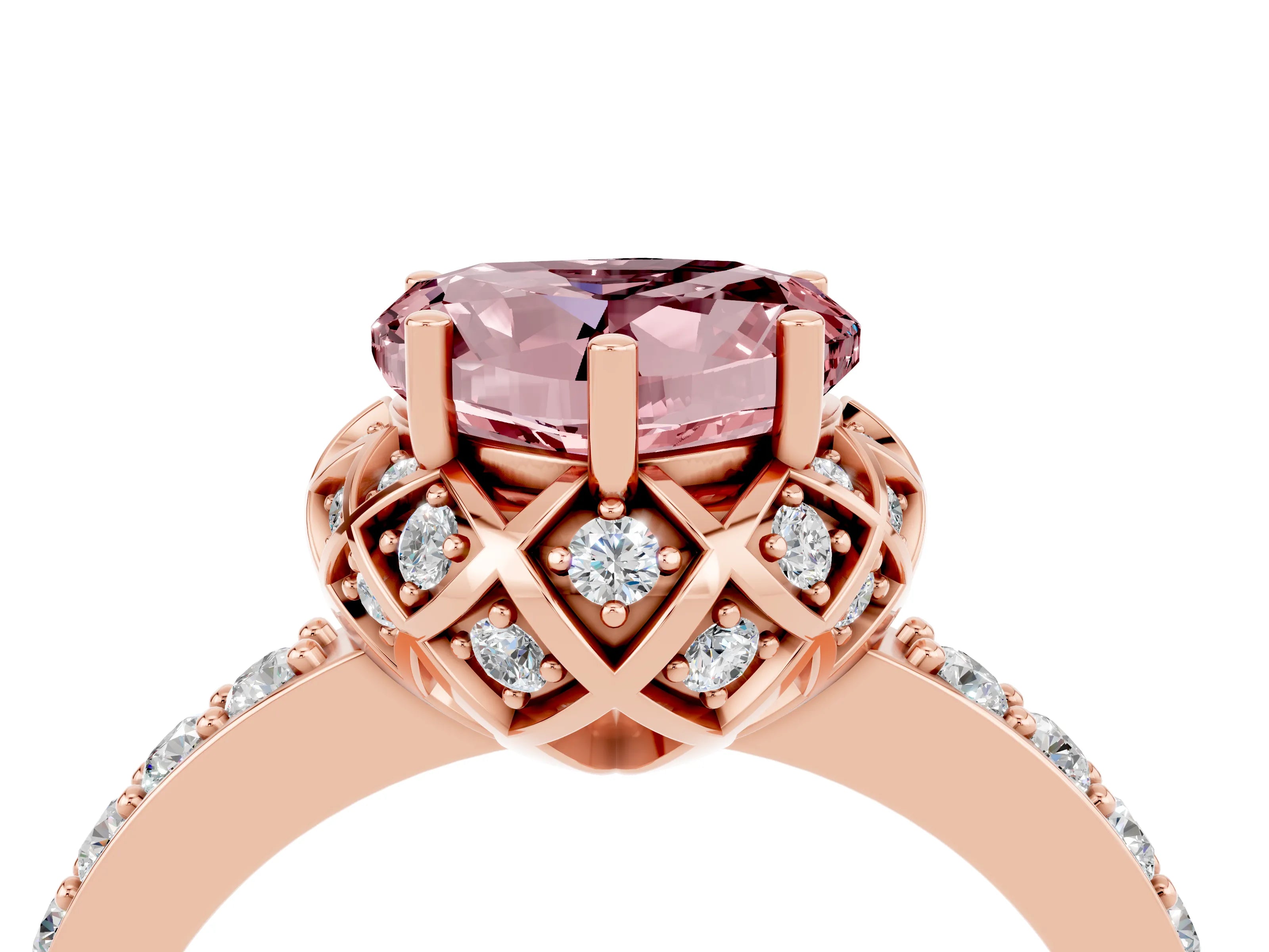 Rose gold Heart Cut Diamond Solitaire Ring with Shared Prong Pavé Band_4