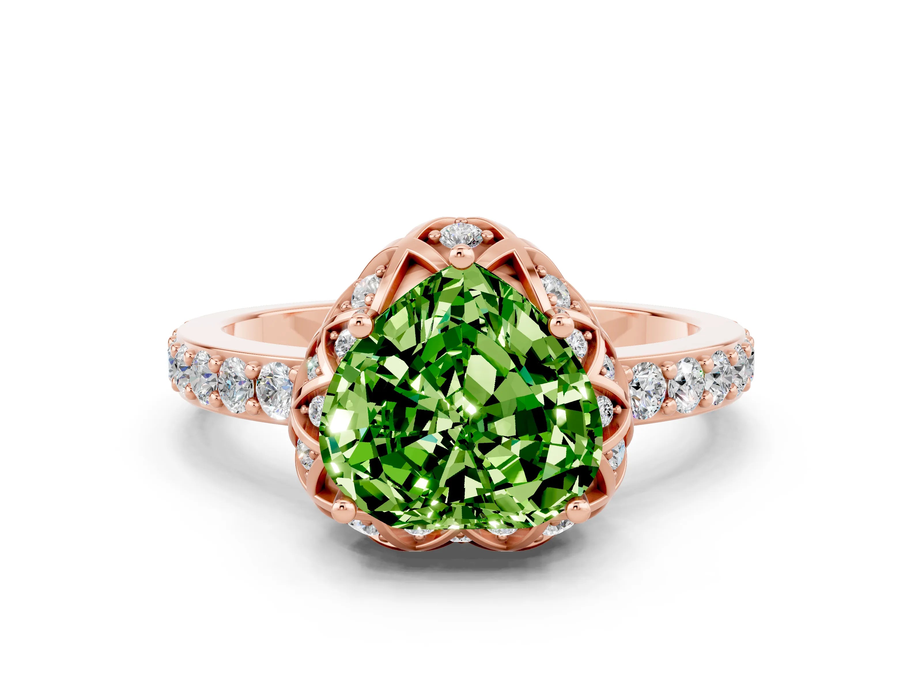 Rose gold Heart Cut Diamond Solitaire Ring with Shared Prong Pavé Band