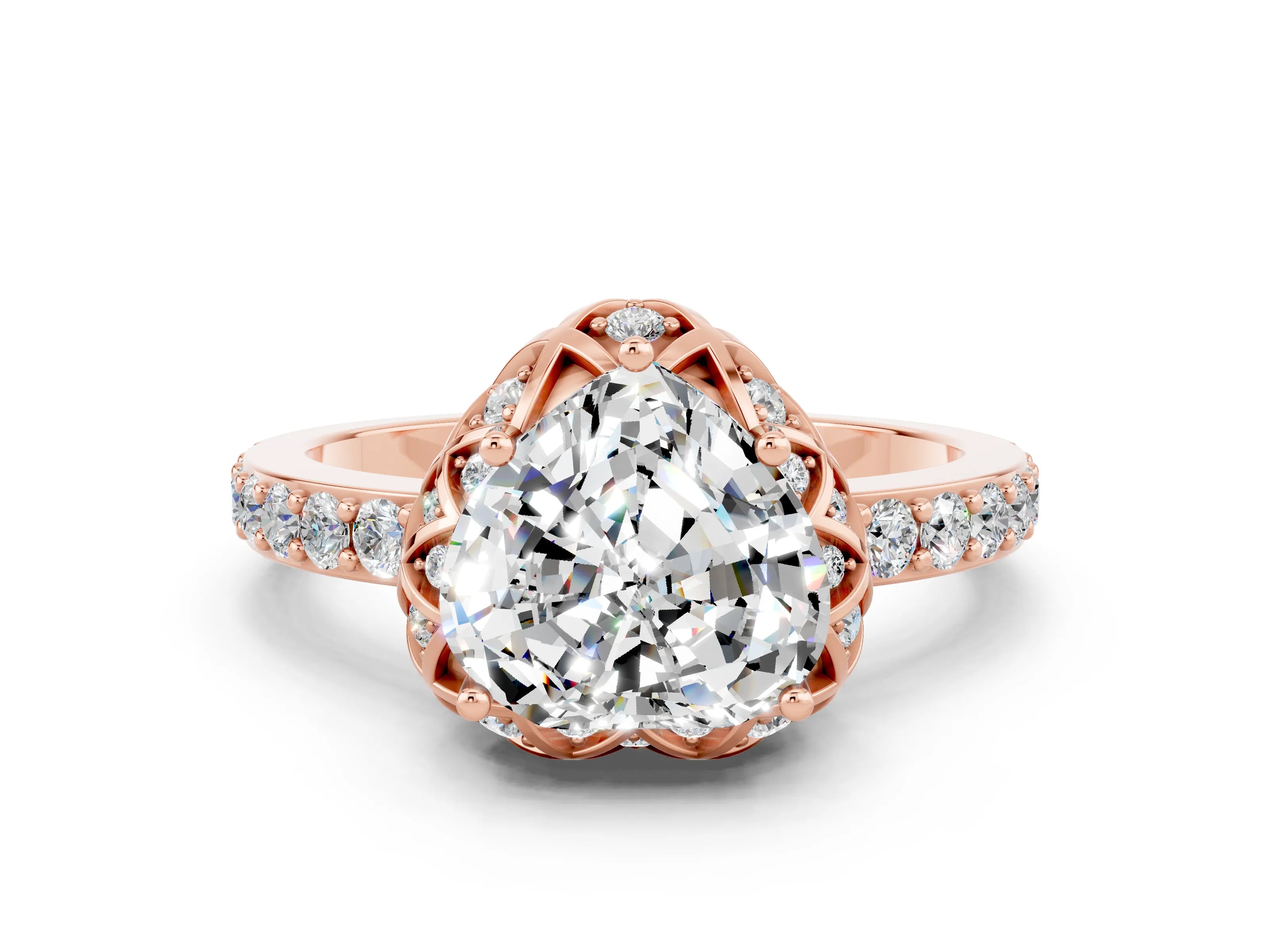 Rose gold Heart Cut Diamond Solitaire Ring with Shared Prong Pavé Band
