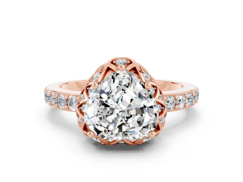 Rose gold Heart Cut Diamond Solitaire Ring with Shared Prong Pavé Band