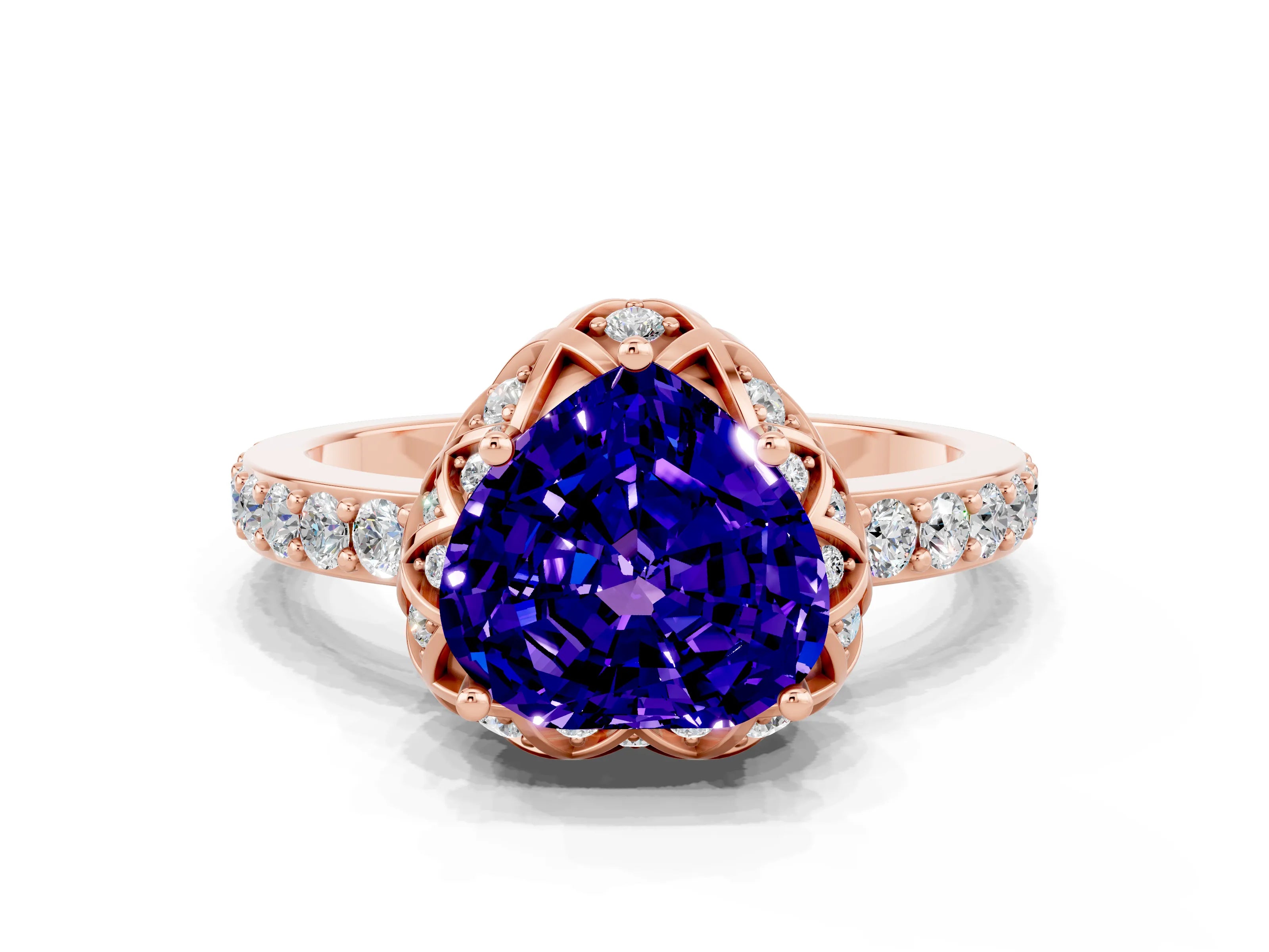 Rose gold Heart Cut Diamond Solitaire Ring with Shared Prong Pavé Band