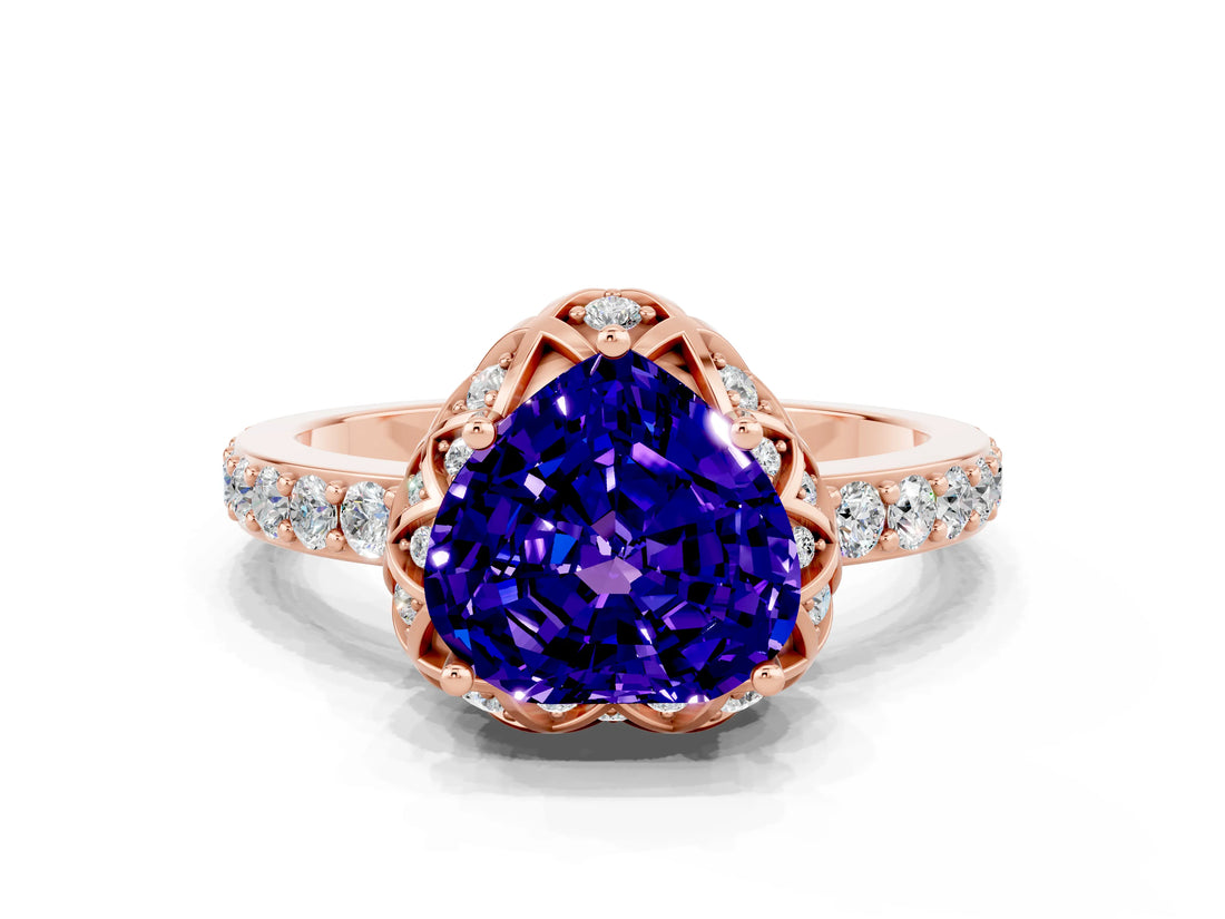 Rose gold Heart Cut Diamond Solitaire Ring with Shared Prong Pavé Band