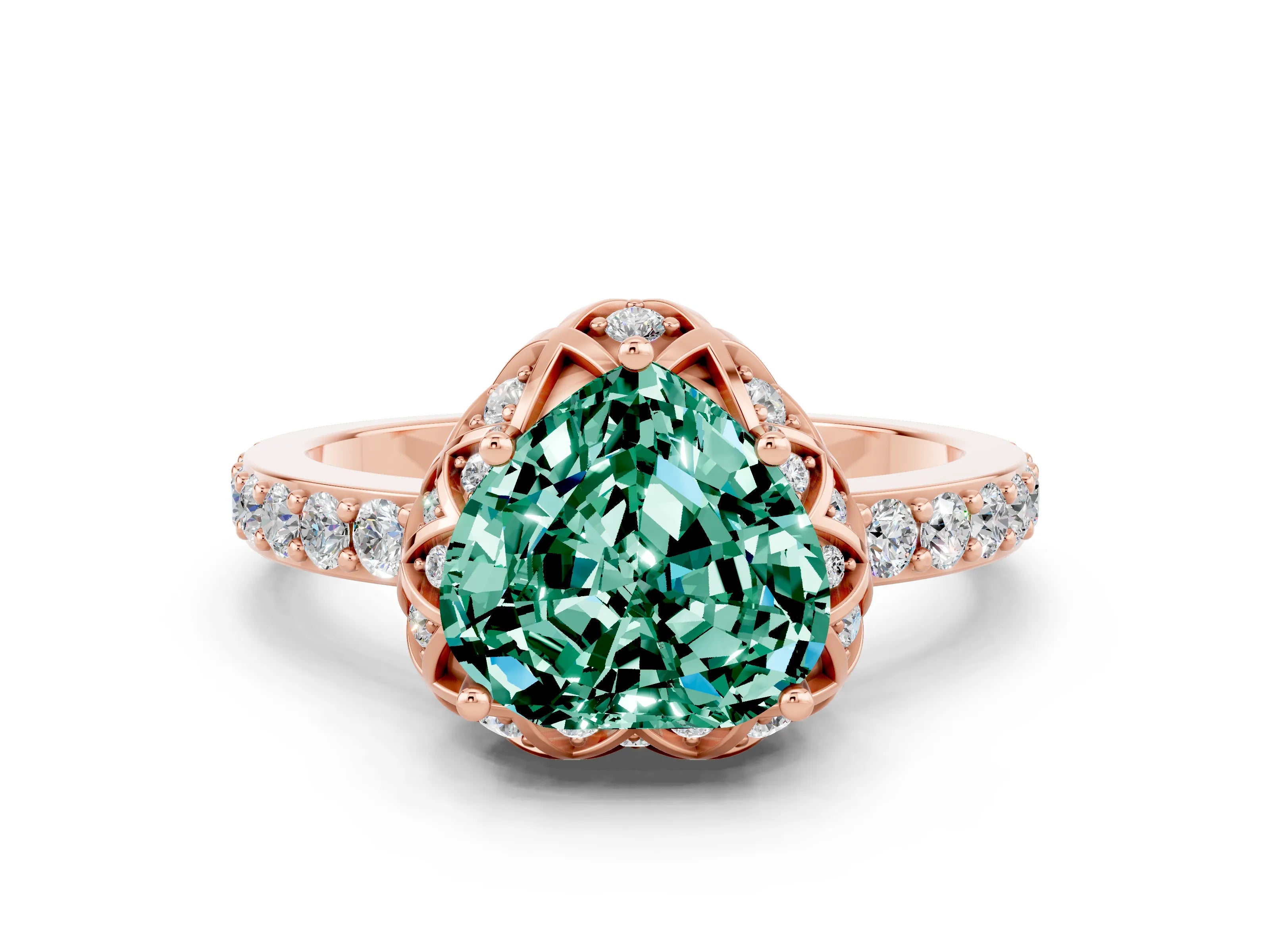 Rose gold Heart Cut Diamond Solitaire Ring with Shared Prong Pavé Band