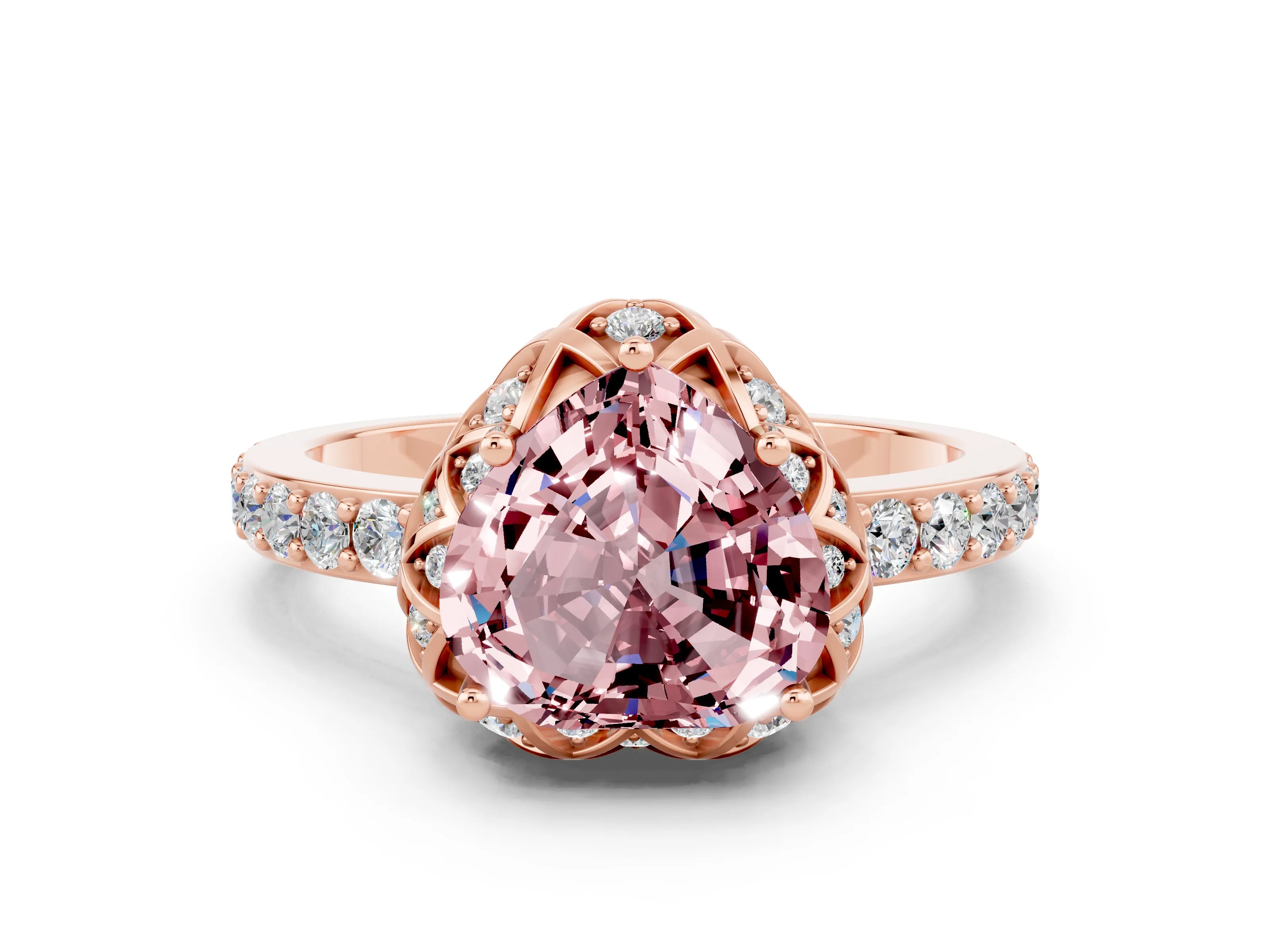 Rose gold Heart Cut Diamond Solitaire Ring with Shared Prong Pavé Band