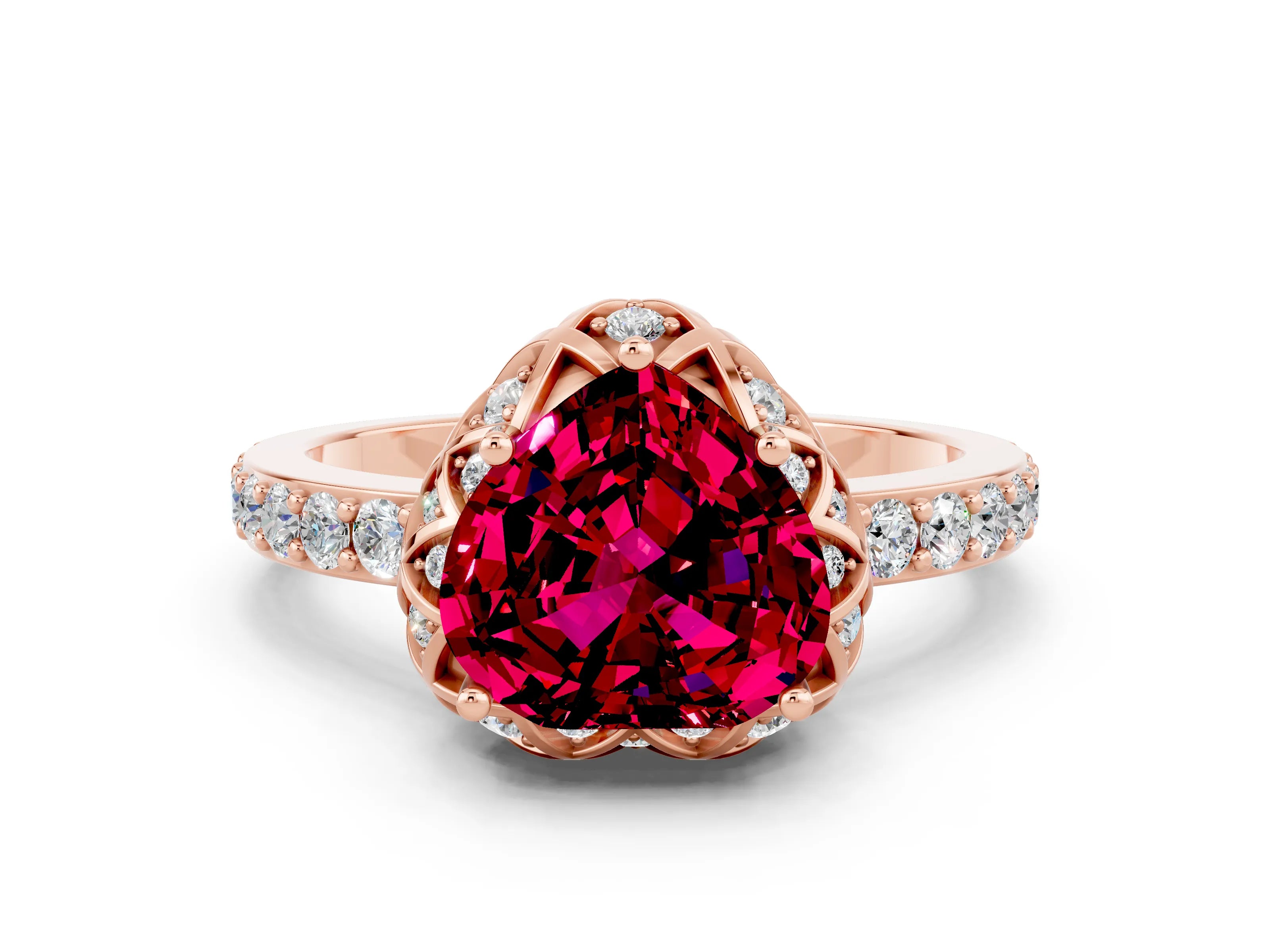 Rose gold Heart Cut Diamond Solitaire Ring with Shared Prong Pavé Band
