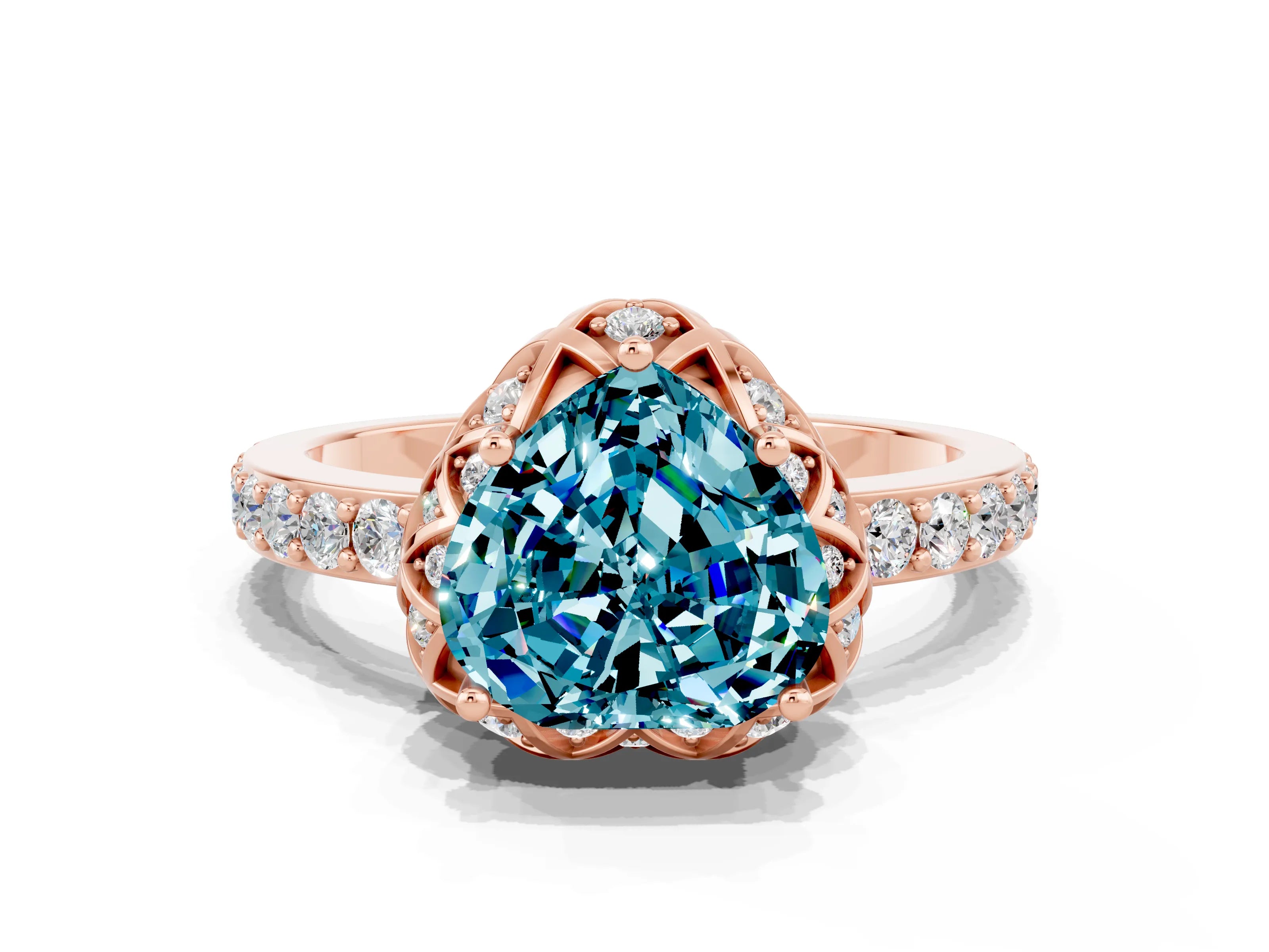 Rose gold Heart Cut Diamond Solitaire Ring with Shared Prong Pavé Band