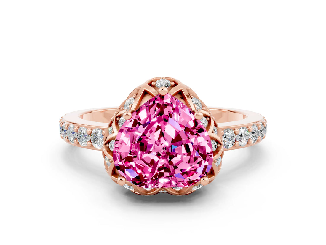 Rose gold Heart Cut Diamond Solitaire Ring with Shared Prong Pavé Band