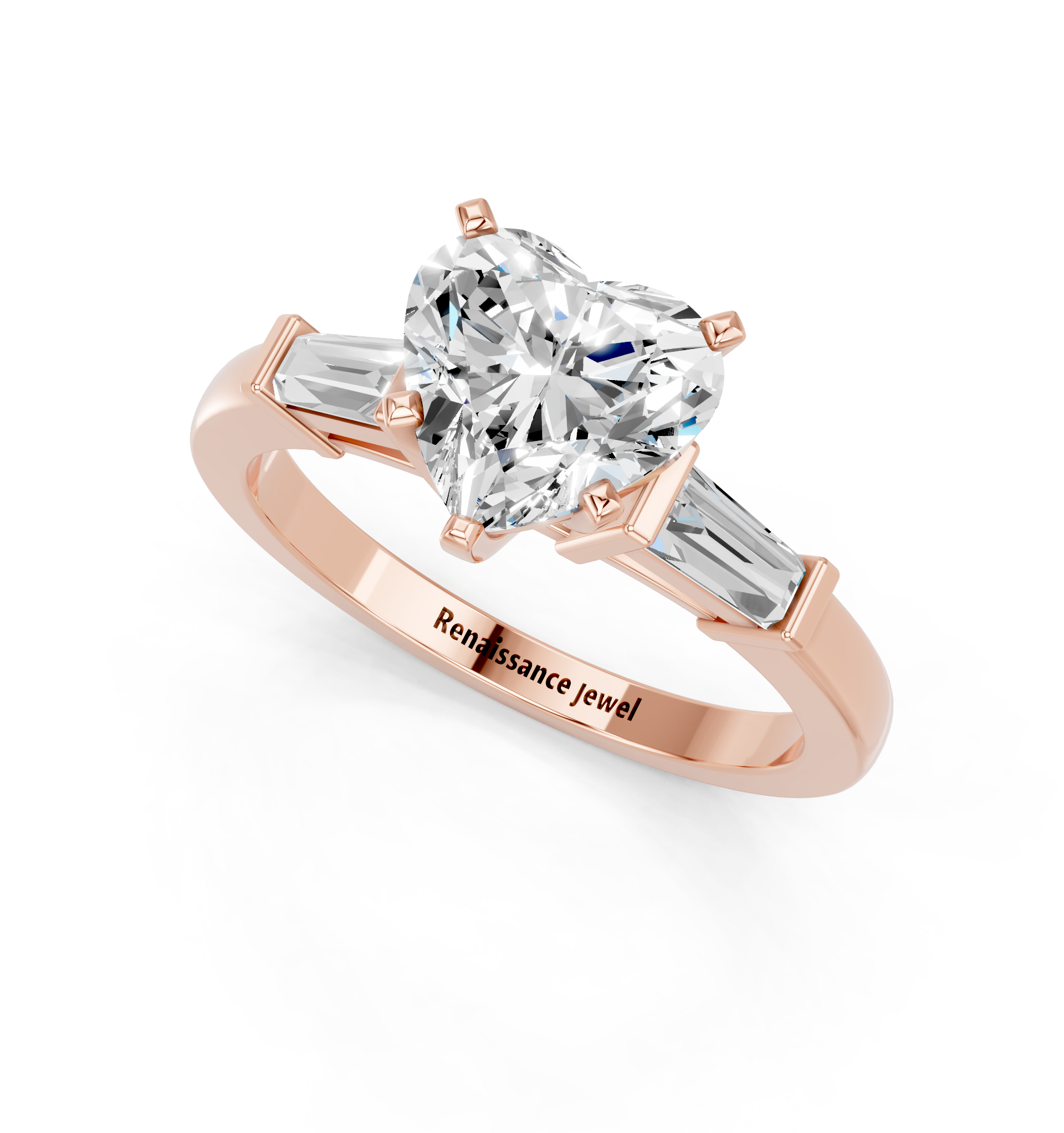 Rose gold Heart Cut Diamond Solitaire Ring with Tapered Baguette Accents and Four-Prong Setting_4