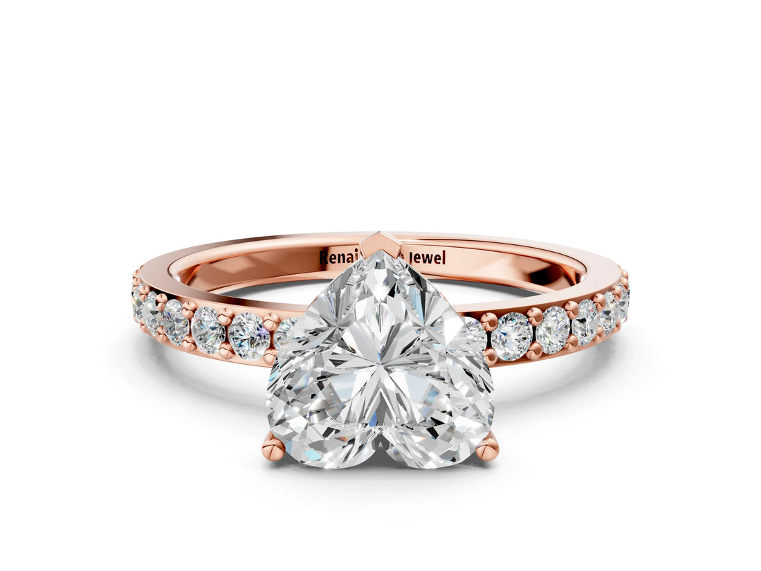 Rose gold Heart Cut Diamond Solitaire with Pave Band and Four-Prong Setting