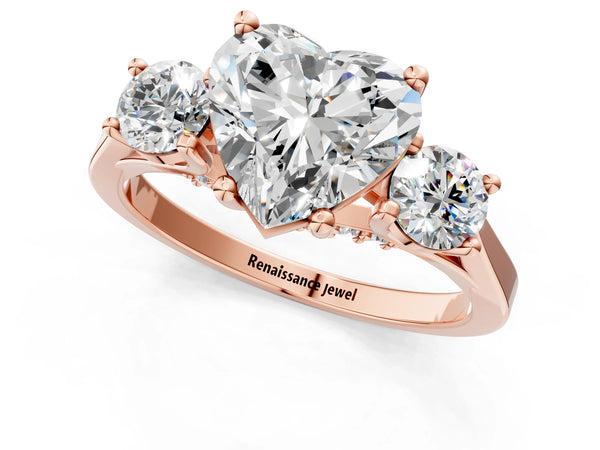 Rose gold Heart Cut Diamond Three-Stone Engagement Ring with Prong Setting and Pavé Band