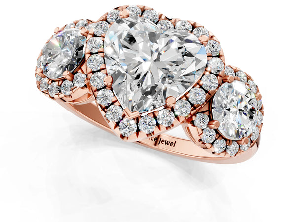Rose gold Heart Cut Diamond Three-Stone Halo Ring with Prong Setting and Pavé Accents