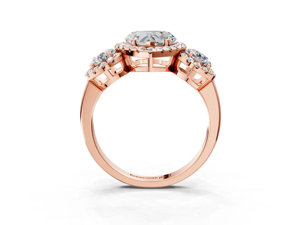 Rose gold Heart Cut Diamond Three-Stone Halo Ring with Prong Setting and Pavé Accents