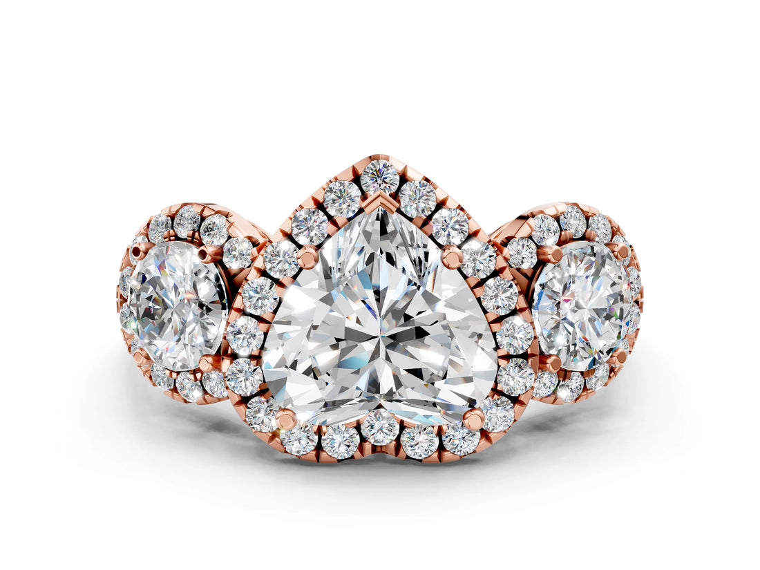 Rose gold Heart Cut Diamond Three-Stone Halo Ring with Prong Setting and Pavé Accents_9