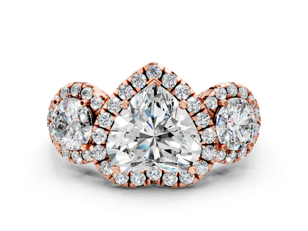 Rose gold Heart Cut Diamond Three-Stone Halo Ring with Prong Setting and Pavé Accents