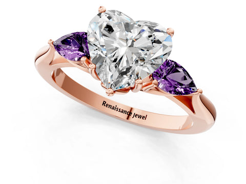 Rose gold Heart Cut Diamond Three-Stone Ring with Pear with Amethyst side stone Side Stones and Prong Setting_1