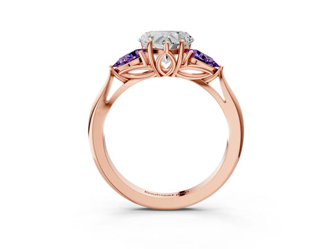 Rose gold Heart Cut Diamond Three-Stone Ring with Pear with Amethyst side stone Side Stones and Prong Setting_3