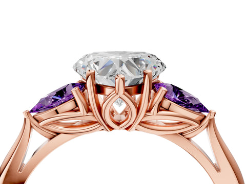 Rose gold Heart Cut Diamond Three-Stone Ring with Pear with Amethyst side stone Side Stones and Prong Setting_4