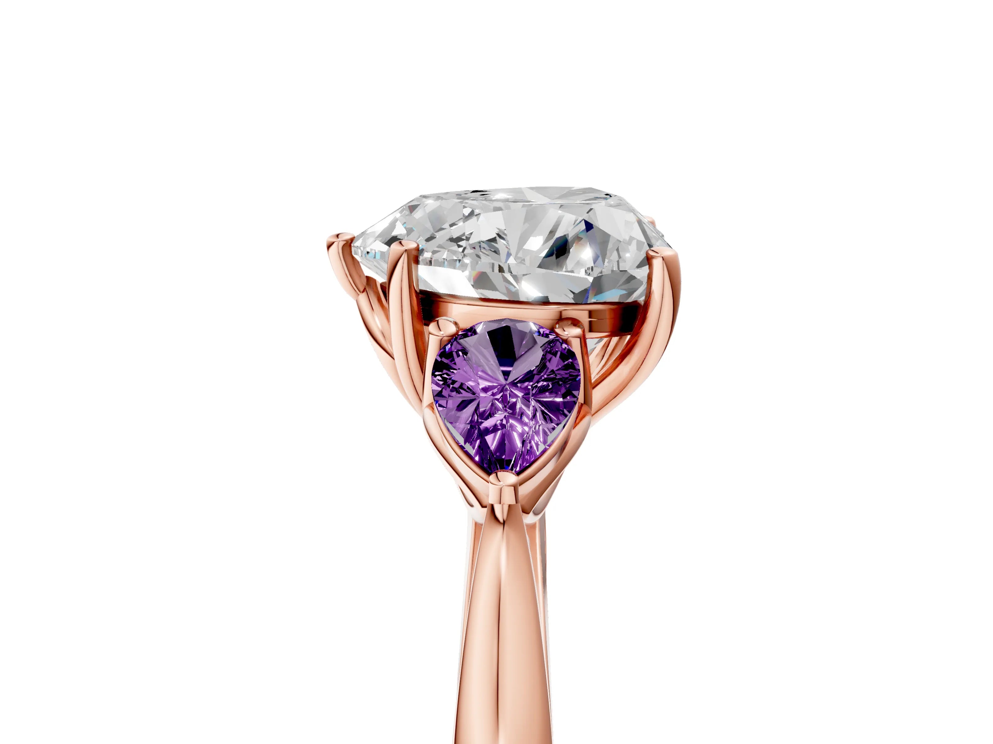 Rose gold Heart Cut Diamond Three-Stone Ring with Pear with Amethyst side stone Side Stones and Prong Setting_5