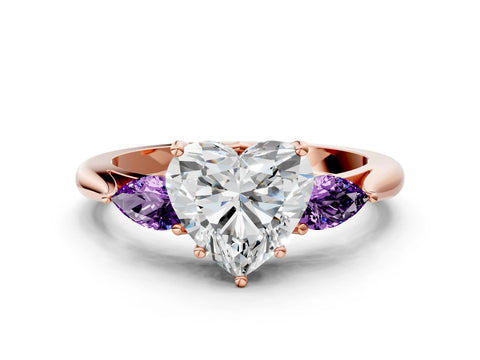 Rose gold Heart Cut Diamond Three-Stone Ring with Pear with Amethyst side stone Side Stones and Prong Setting