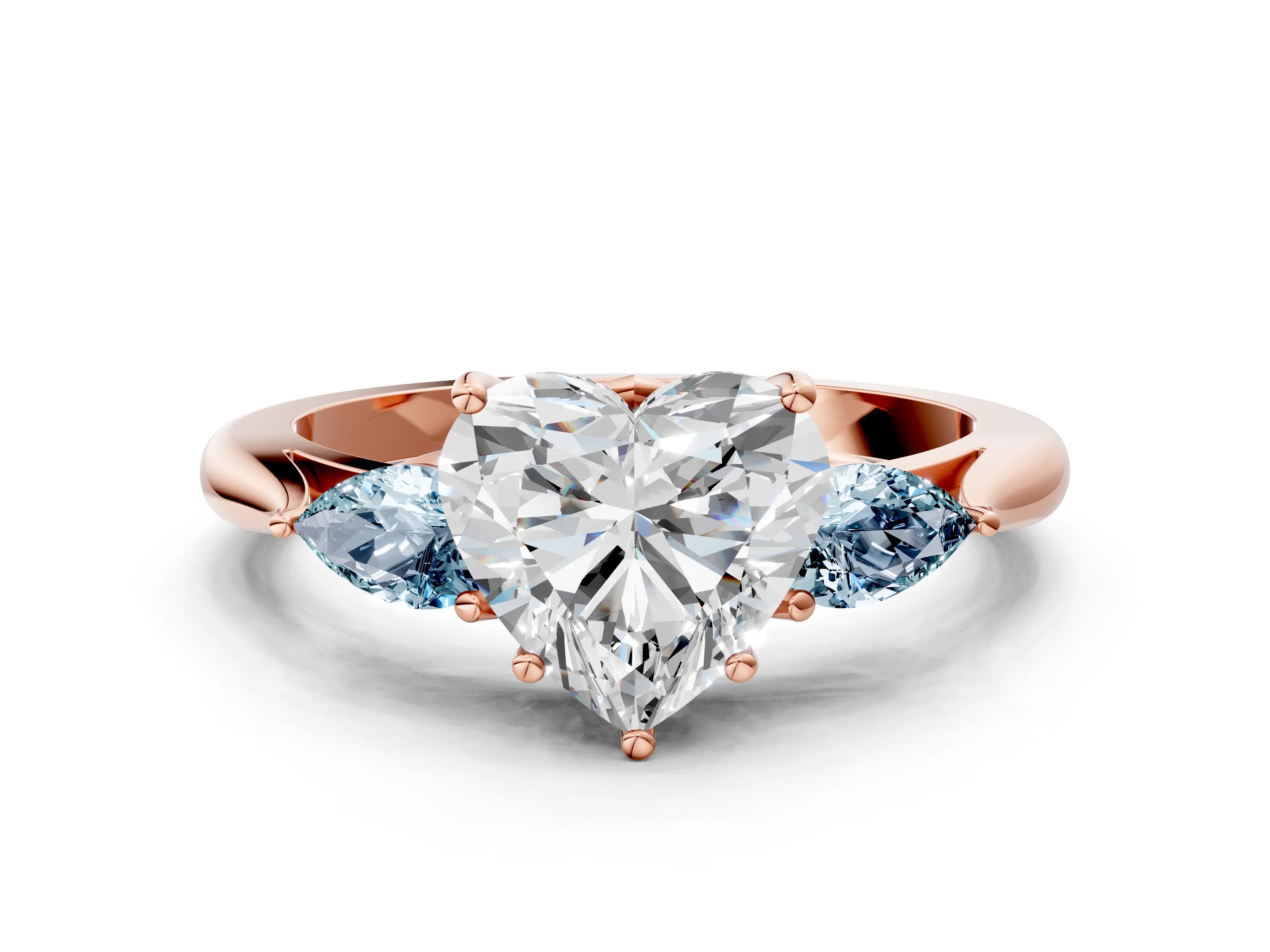Rose gold Heart Cut Diamond Three-Stone Ring with Pear with Aquamarine side stone Side Stones and Prong Setting