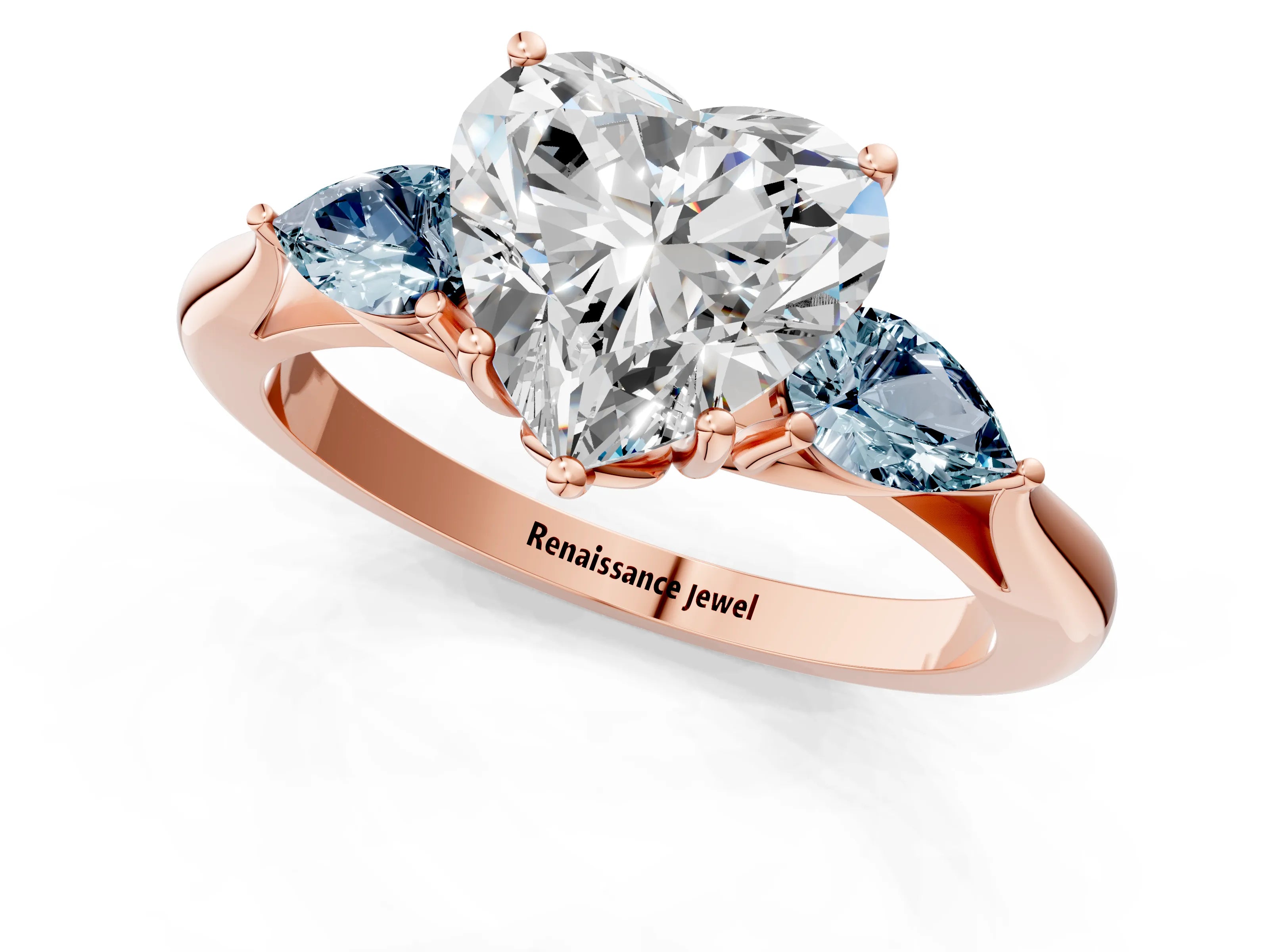 Rose gold Heart Cut Diamond Three-Stone Ring with Pear with Aquamarine side stone Side Stones and Prong Setting_1