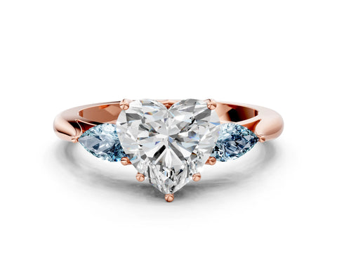 Rose gold Heart Cut Diamond Three-Stone Ring with Pear with Aquamarine side stone Side Stones and Prong Setting