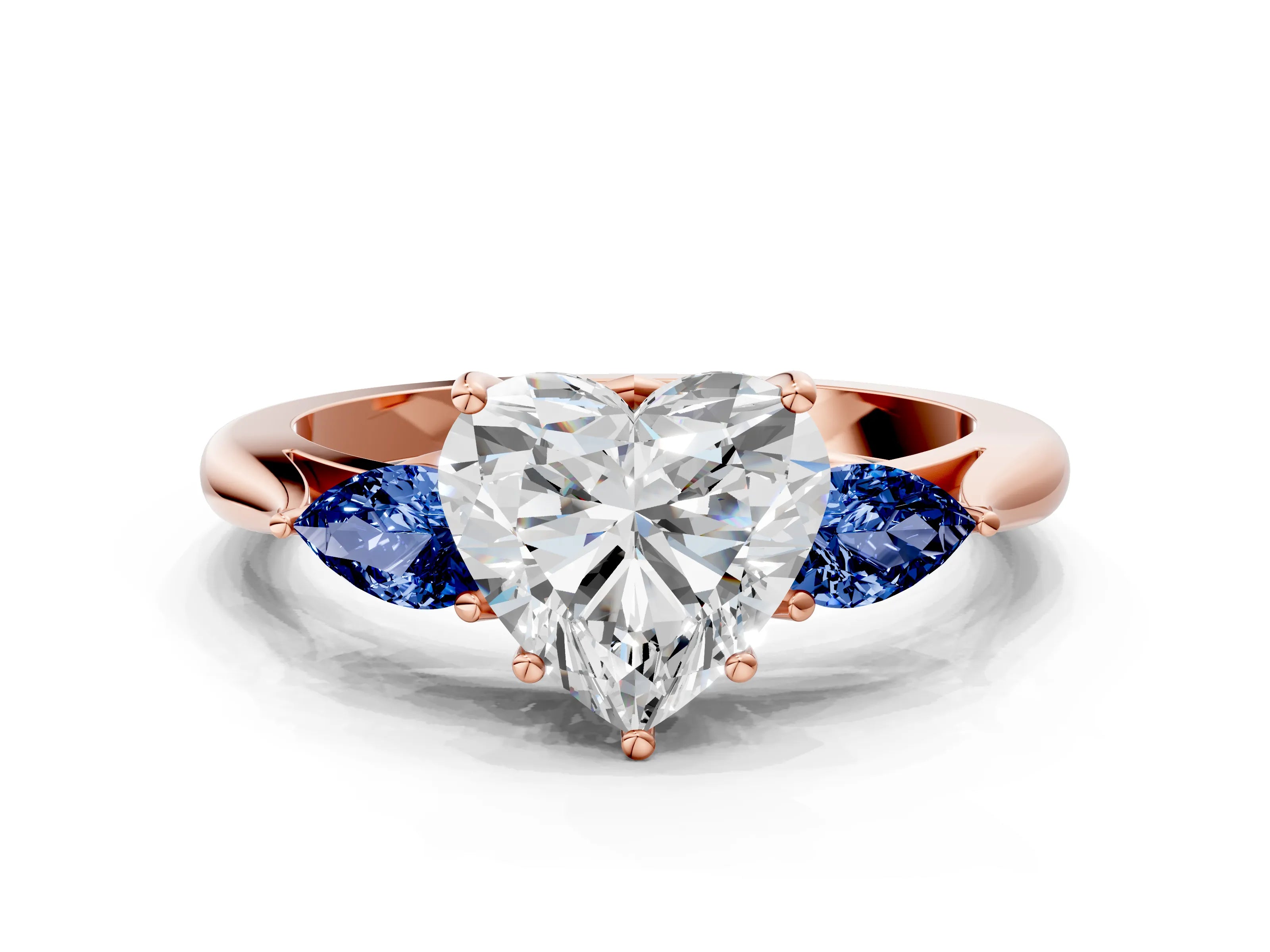 Rose gold Heart Cut Diamond Three-Stone Ring with Pear with Blue Sapphire side stone Side Stones and Prong Setting