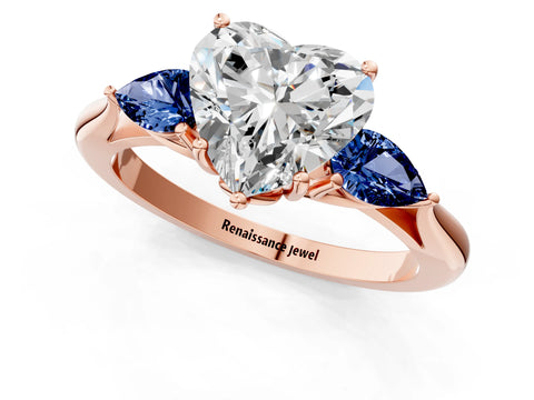Rose gold Heart Cut Diamond Three-Stone Ring with Pear with Blue Sapphire side stone Side Stones and Prong Setting_1