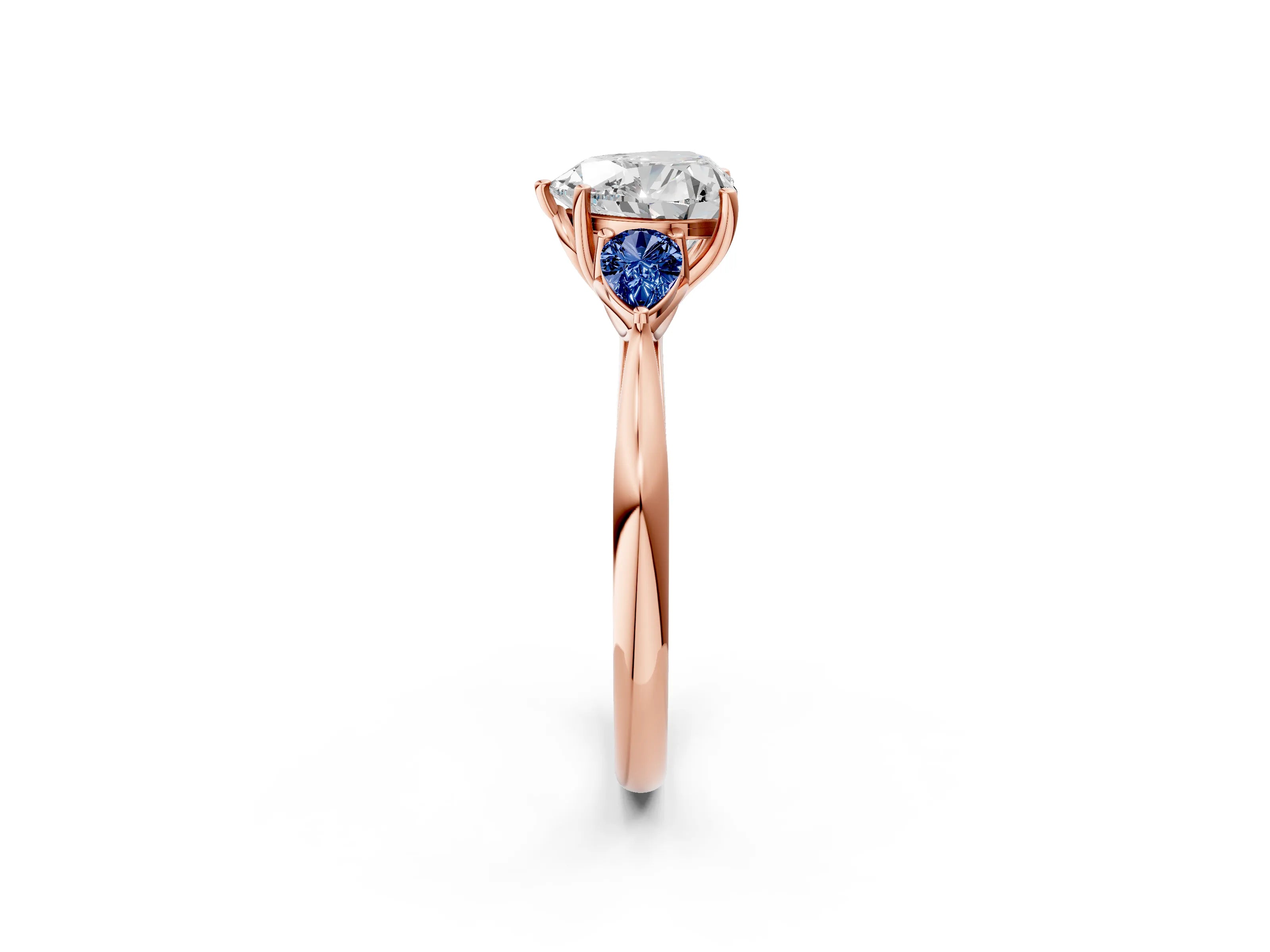 Rose gold Heart Cut Diamond Three-Stone Ring with Pear with Blue Sapphire side stone Side Stones and Prong Setting_2