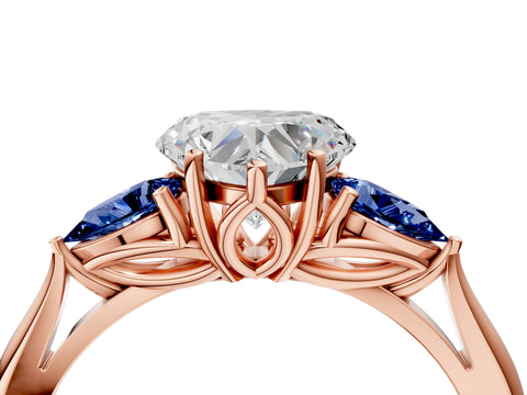 Rose gold Heart Cut Diamond Three-Stone Ring with Pear with Blue Sapphire side stone Side Stones and Prong Setting_4