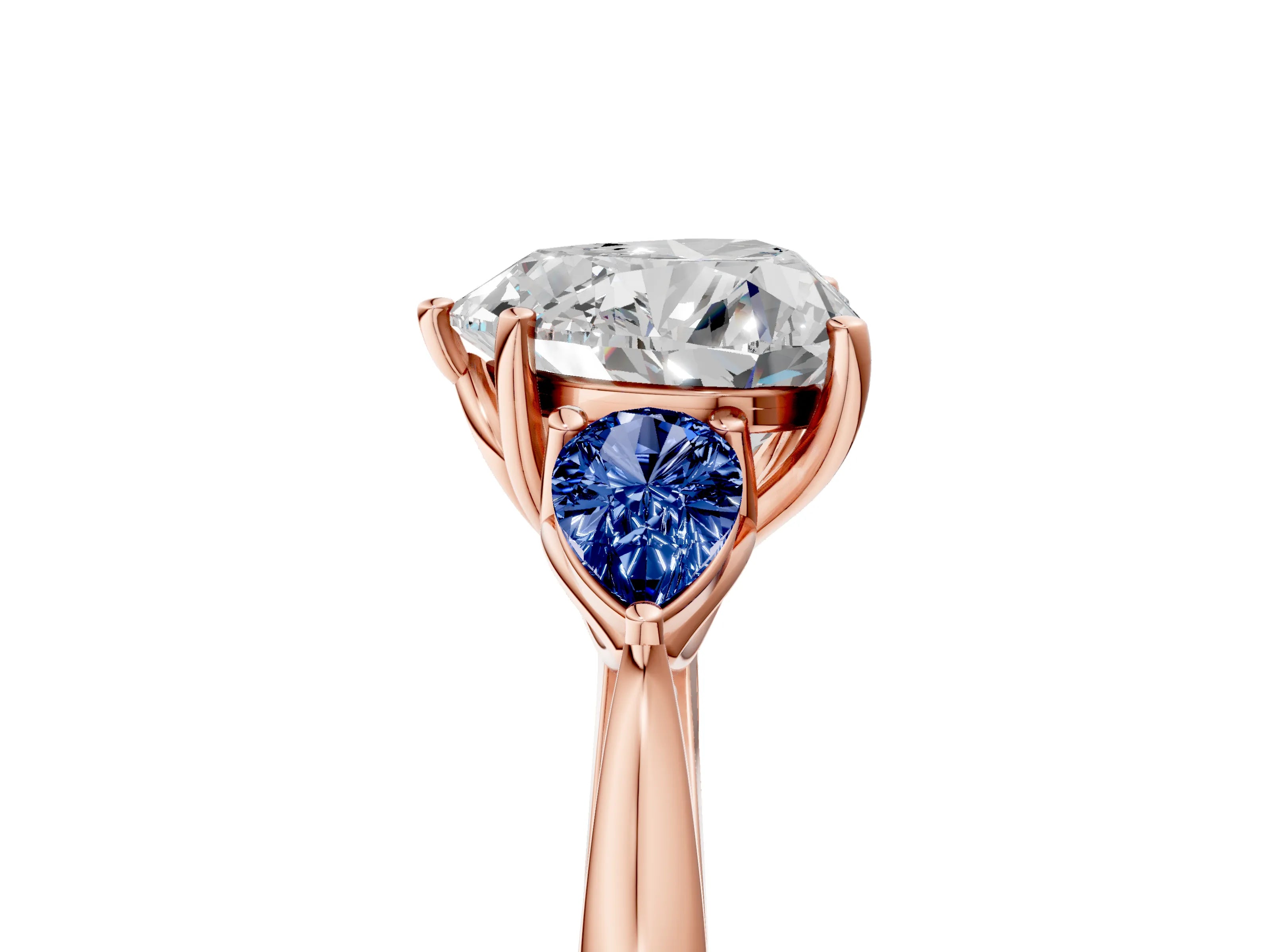 Rose gold Heart Cut Diamond Three-Stone Ring with Pear with Blue Sapphire side stone Side Stones and Prong Setting_5