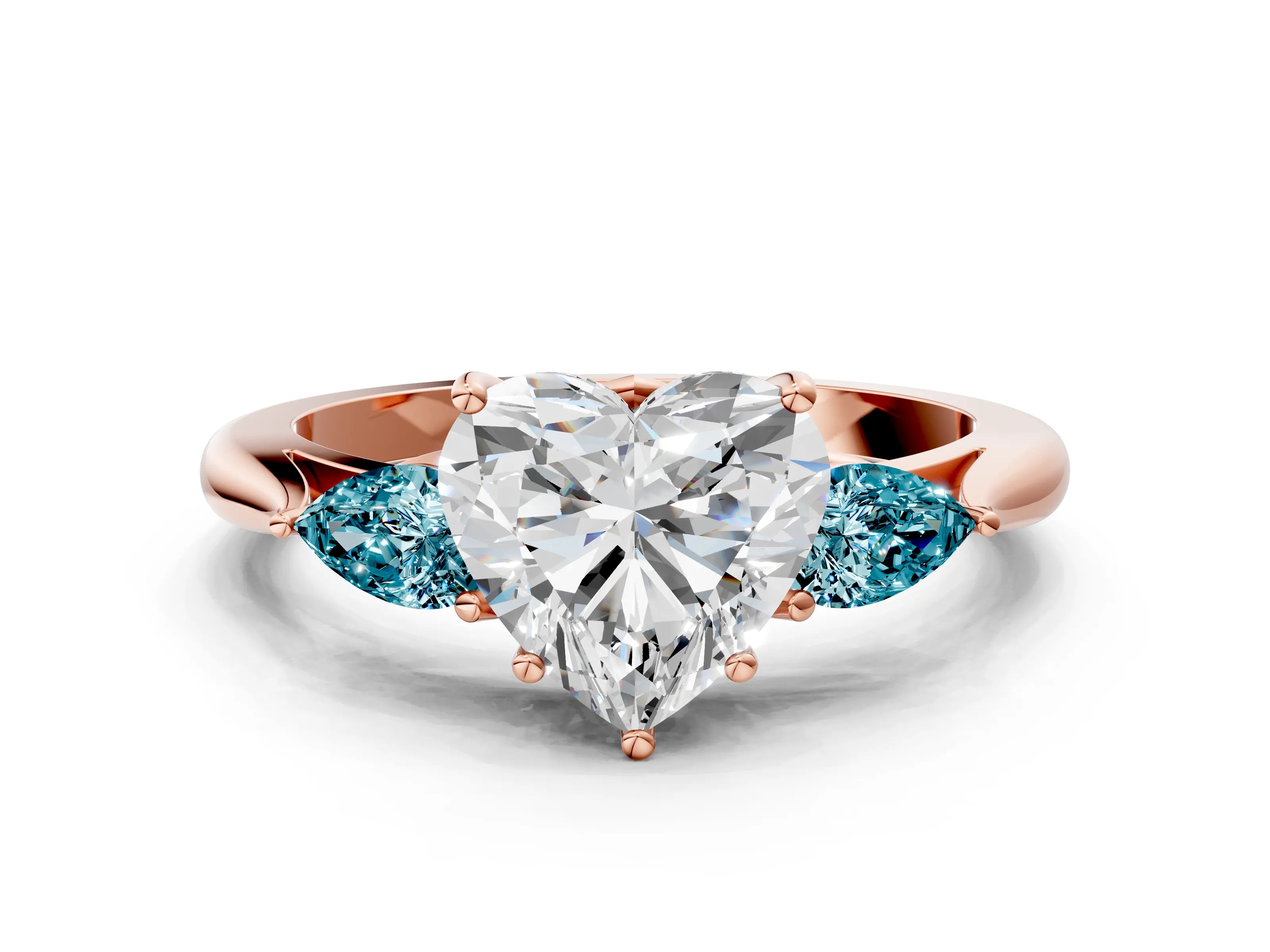 Rose gold Heart Cut Diamond Three-Stone Ring with Pear with Blue Topaz side stone Side Stones and Prong Setting