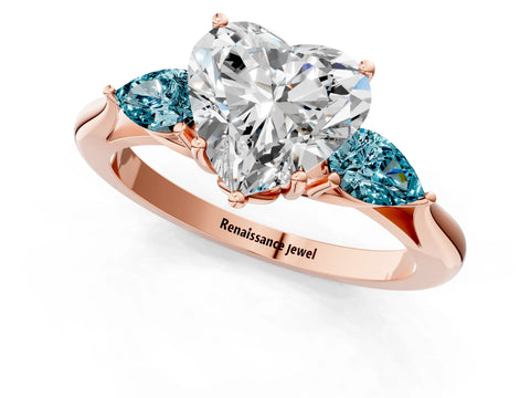 Rose gold Heart Cut Diamond Three-Stone Ring with Pear with Blue Topaz side stone Side Stones and Prong Setting_1