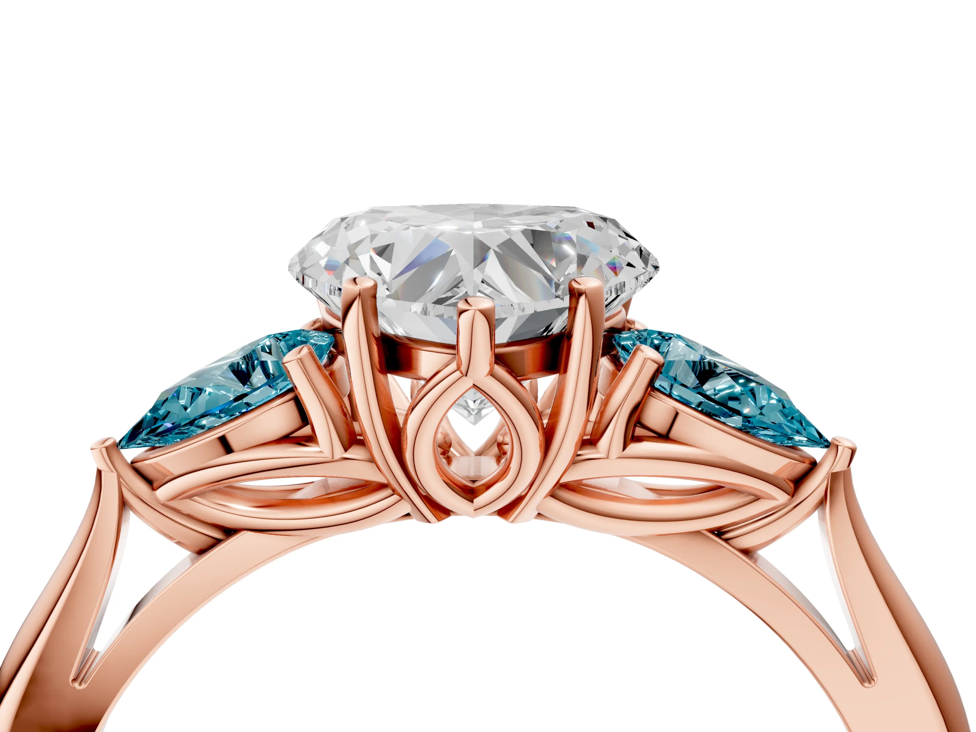Rose gold Heart Cut Diamond Three-Stone Ring with Pear with Blue Topaz side stone Side Stones and Prong Setting_4