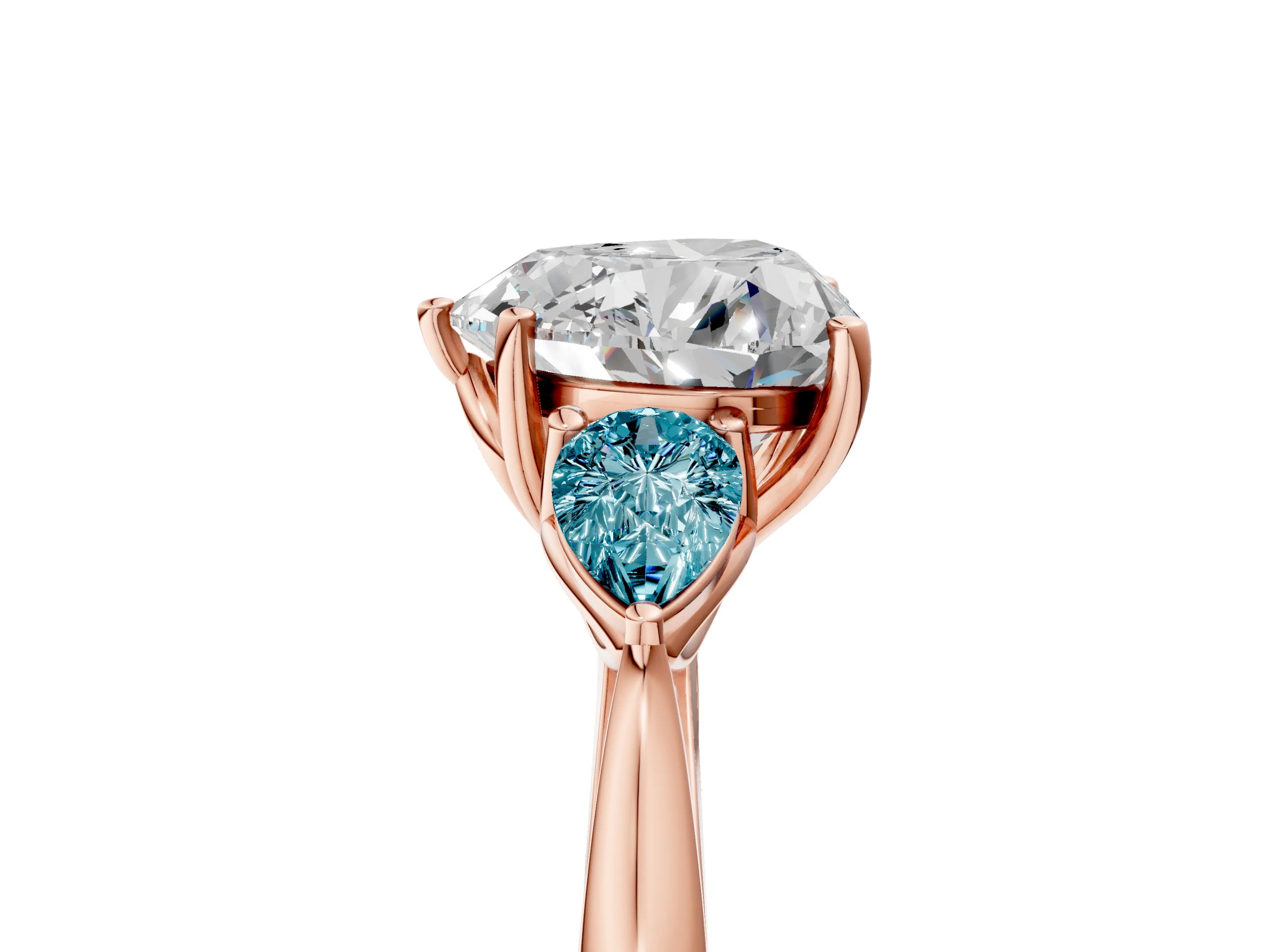 Rose gold Heart Cut Diamond Three-Stone Ring with Pear with Blue Topaz side stone Side Stones and Prong Setting_5