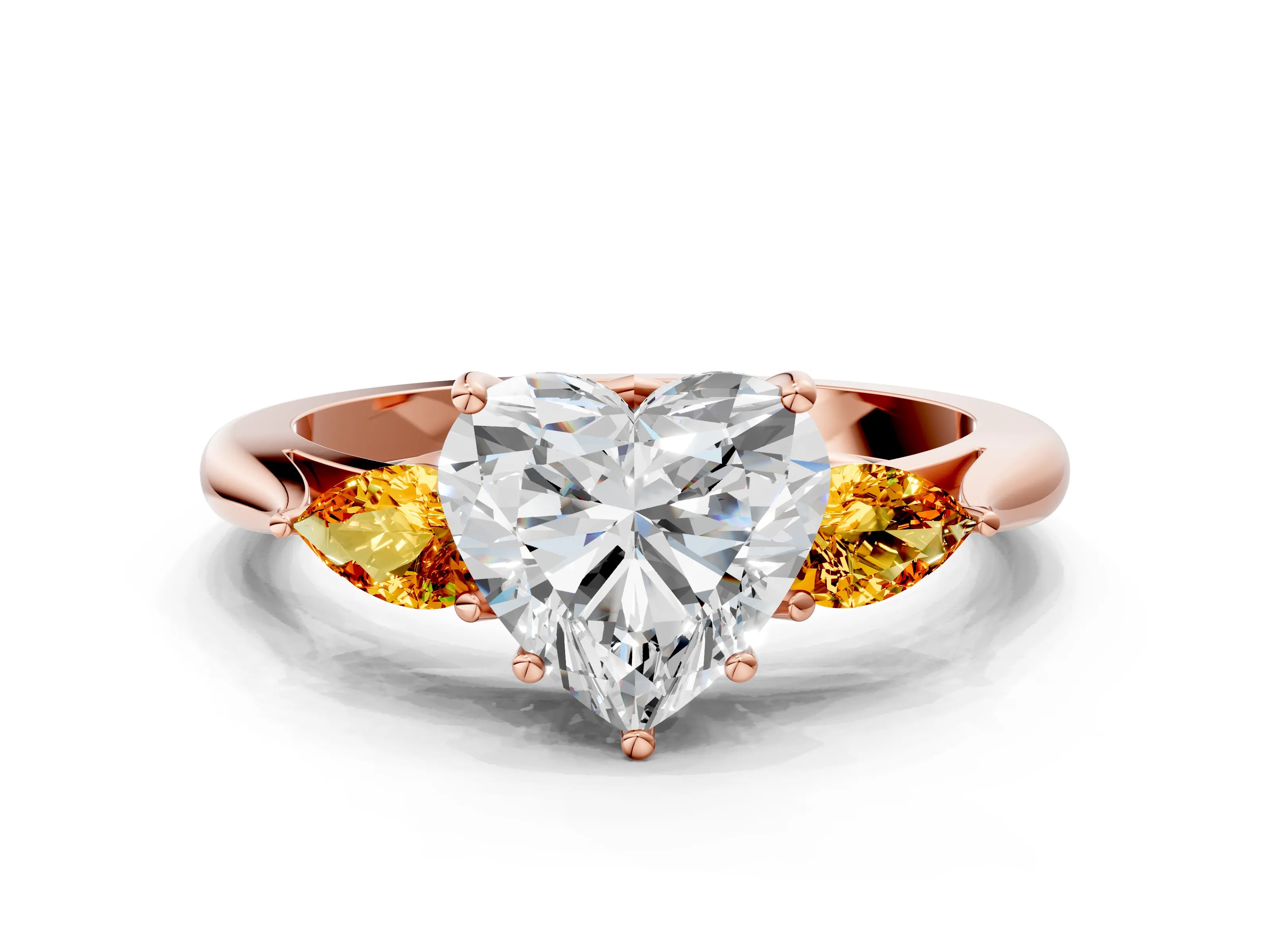 Rose gold Heart Cut Diamond Three-Stone Ring with Pear with Citrine side stone Side Stones and Prong Setting