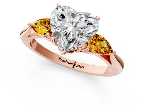 Rose gold Heart Cut Diamond Three-Stone Ring with Pear with Citrine side stone Side Stones and Prong Setting_1