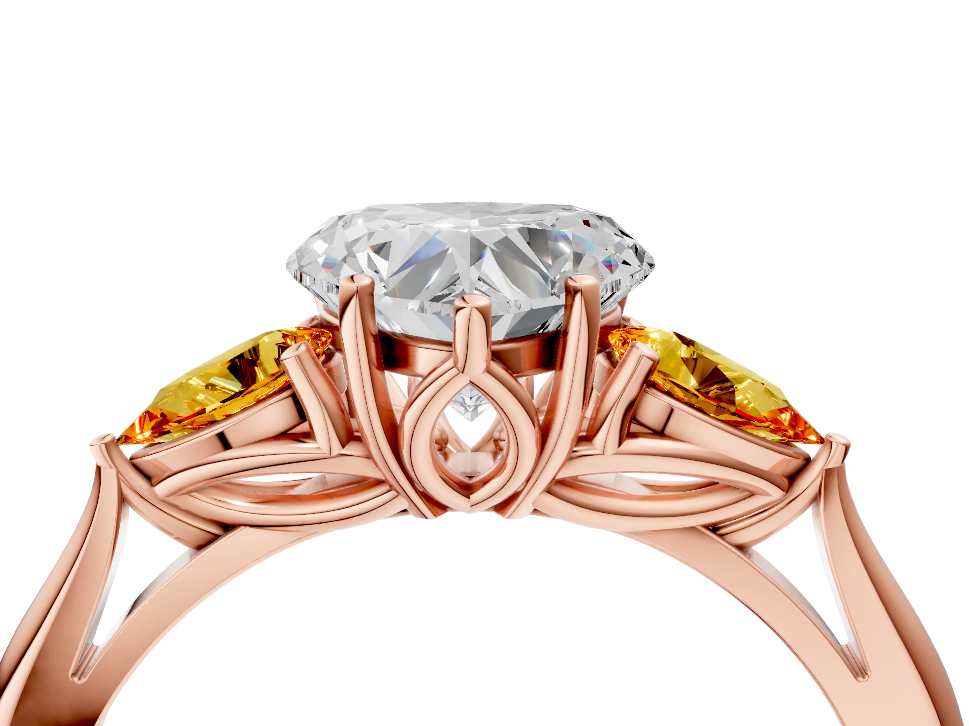 Rose gold Heart Cut Diamond Three-Stone Ring with Pear with Citrine side stone Side Stones and Prong Setting_4