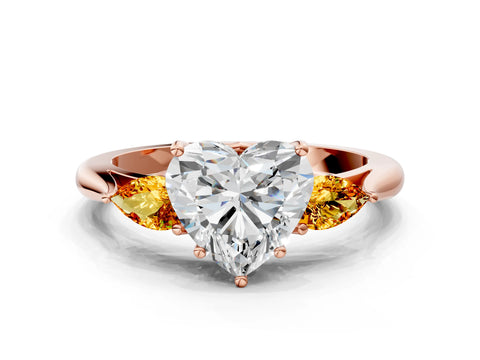 Rose gold Heart Cut Diamond Three-Stone Ring with Pear with Citrine side stone Side Stones and Prong Setting