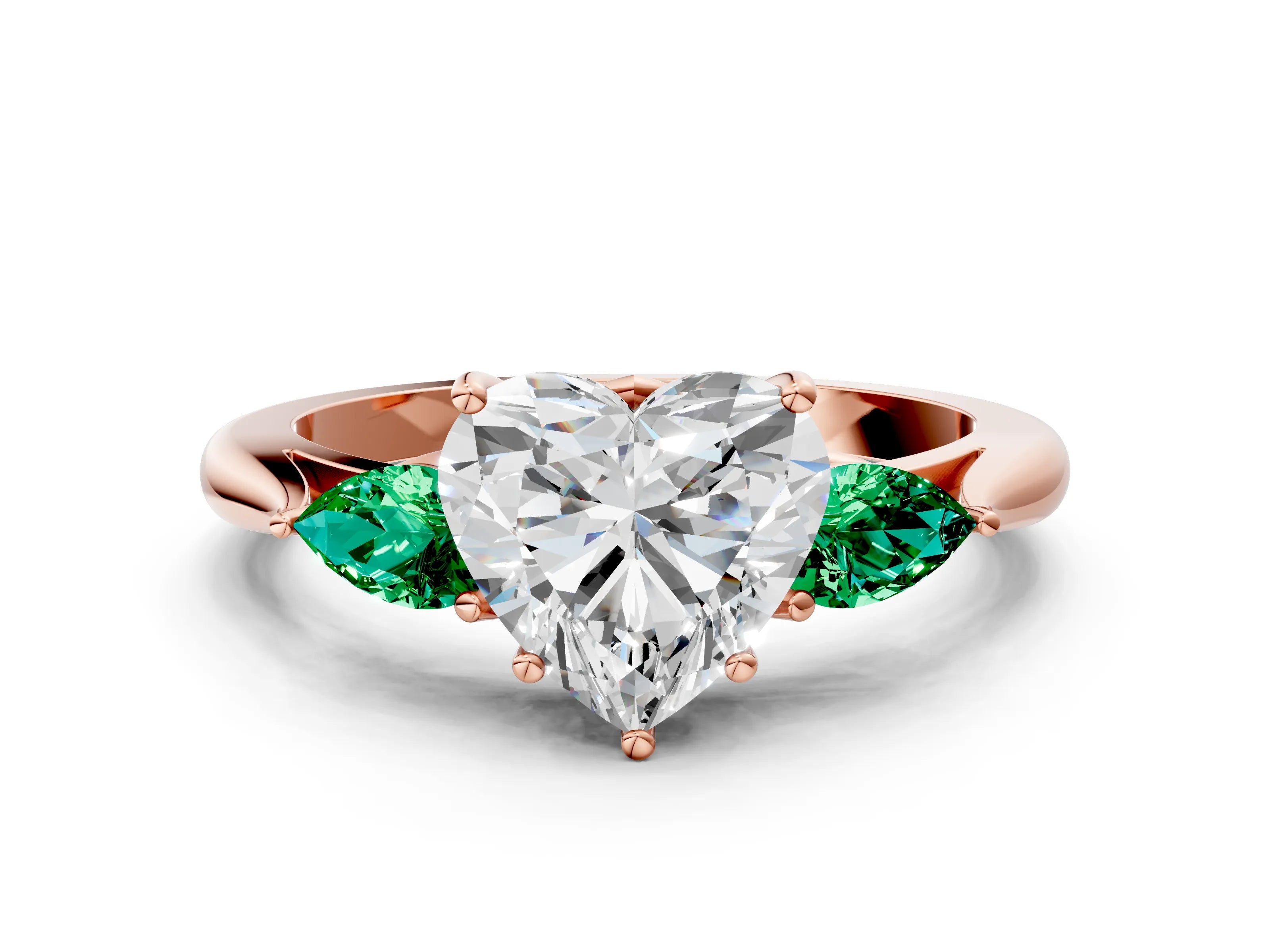 Rose gold Heart Cut Diamond Three-Stone Ring with Pear with Emerald side stone Side Stones and Prong Setting