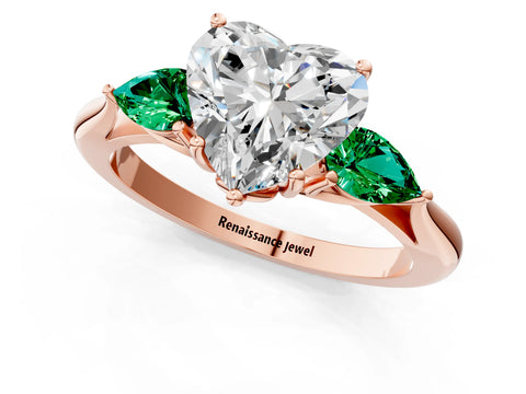 Rose gold Heart Cut Diamond Three-Stone Ring with Pear with Emerald side stone Side Stones and Prong Setting_1