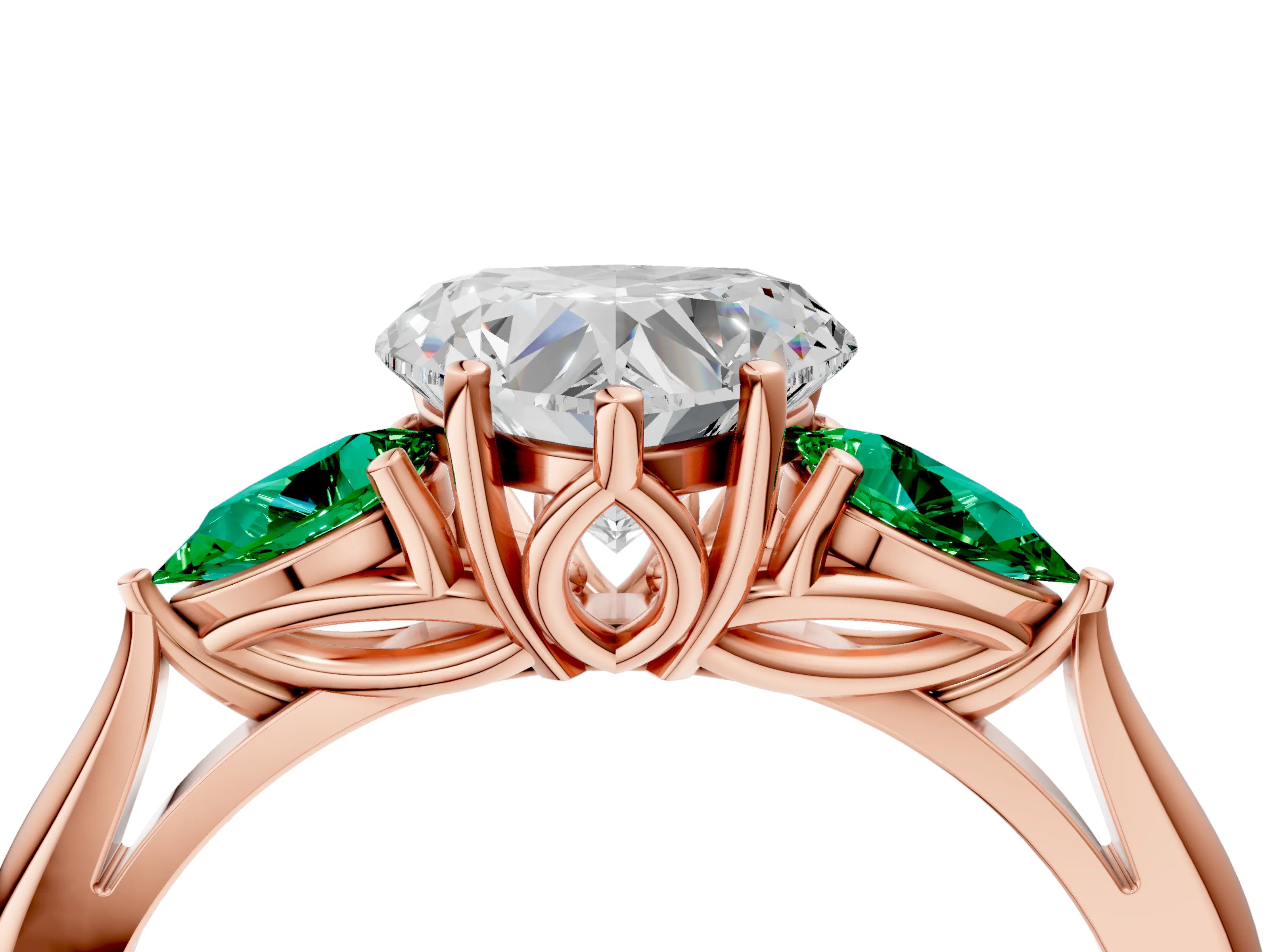 Rose gold Heart Cut Diamond Three-Stone Ring with Pear with Emerald side stone Side Stones and Prong Setting_4