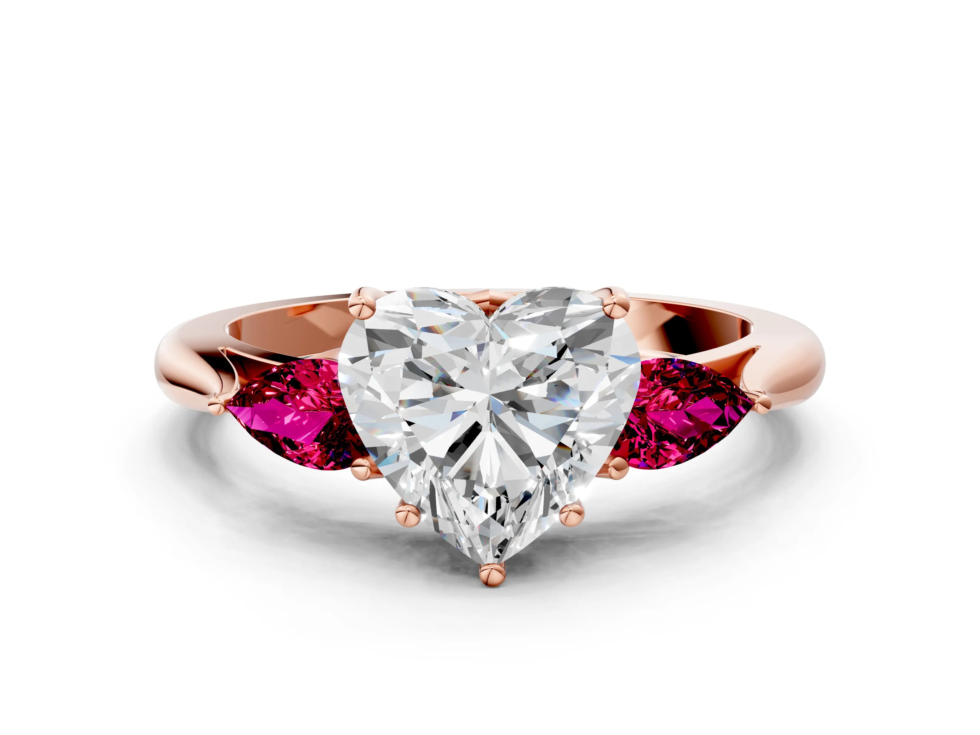 Rose gold Heart Cut Diamond Three-Stone Ring with Pear with Garnet side stone Side Stones and Prong Setting