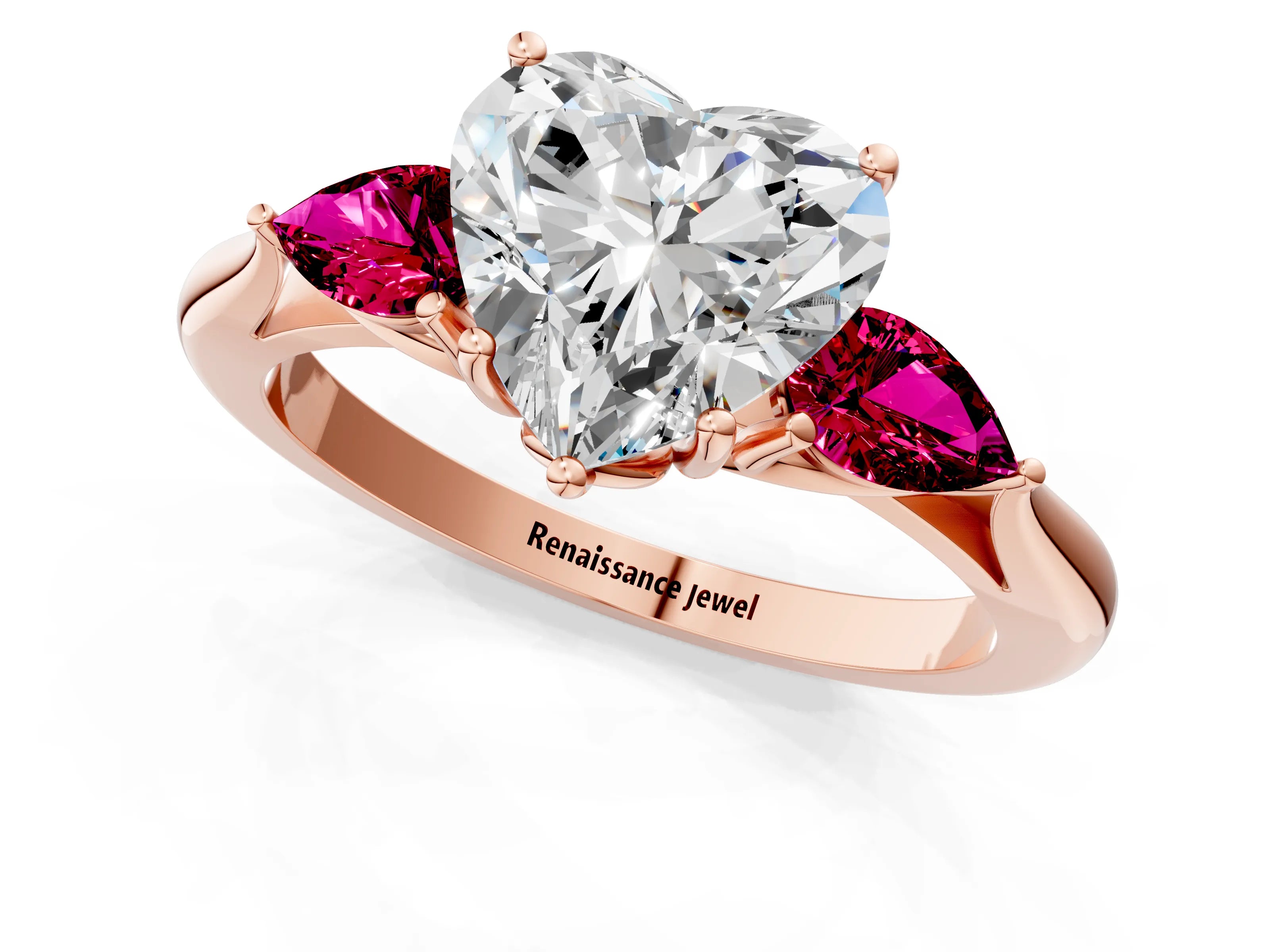 Rose gold Heart Cut Diamond Three-Stone Ring with Pear with Garnet side stone Side Stones and Prong Setting_1