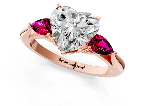 Rose gold Heart Cut Diamond Three-Stone Ring with Pear with Garnet side stone Side Stones and Prong Setting_1