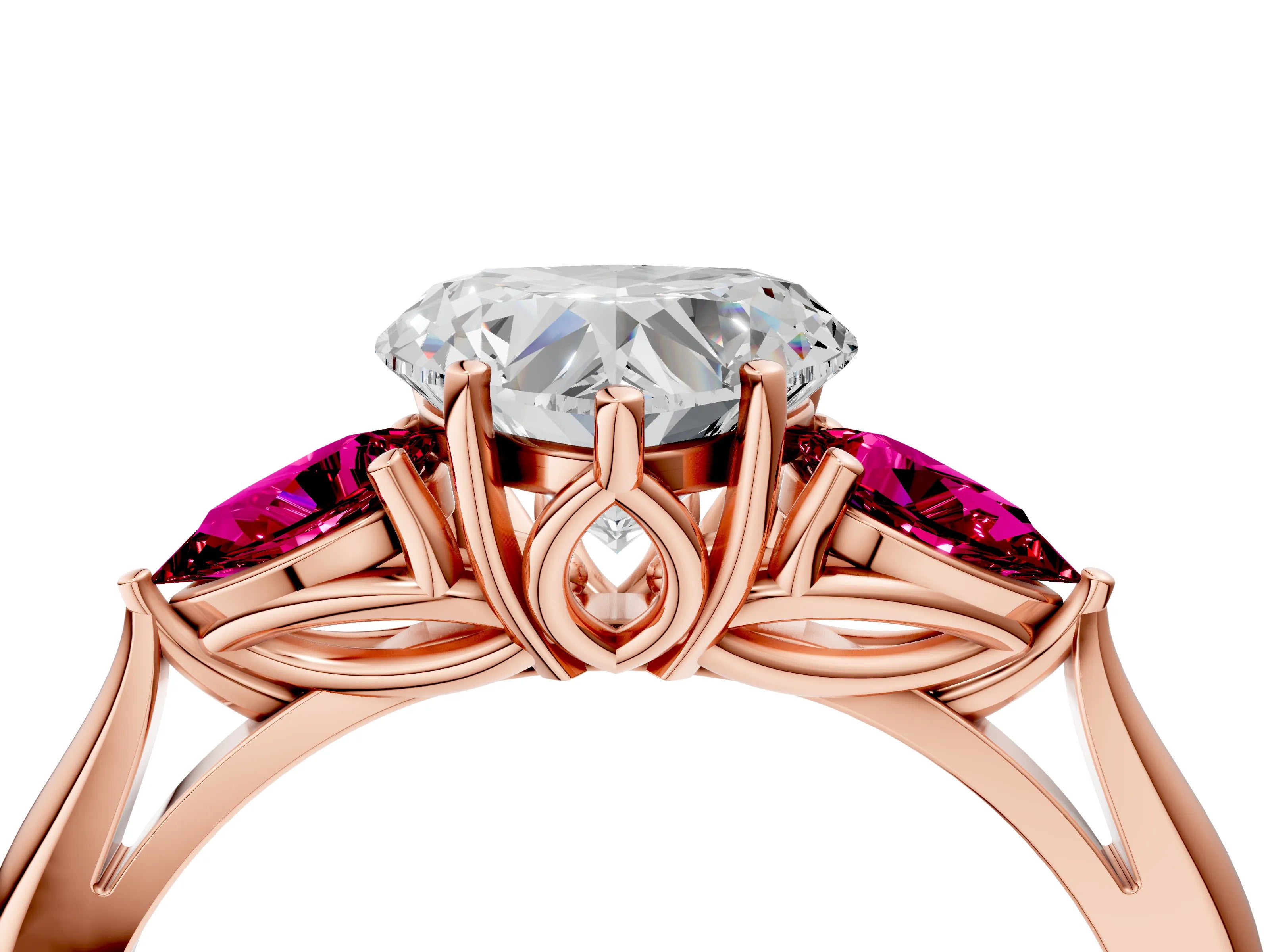 Rose gold Heart Cut Diamond Three-Stone Ring with Pear with Garnet side stone Side Stones and Prong Setting_4