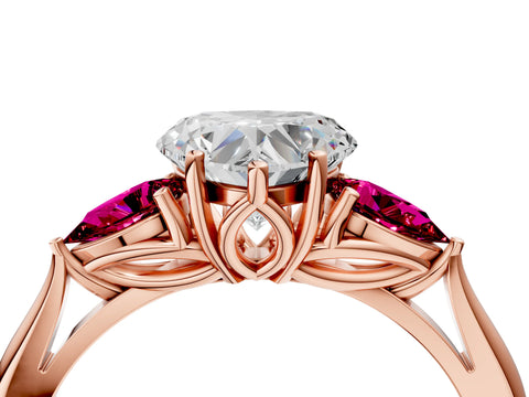 Rose gold Heart Cut Diamond Three-Stone Ring with Pear with Garnet side stone Side Stones and Prong Setting_4