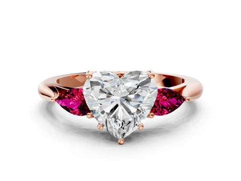 Rose gold Heart Cut Diamond Three-Stone Ring with Pear with Garnet side stone Side Stones and Prong Setting