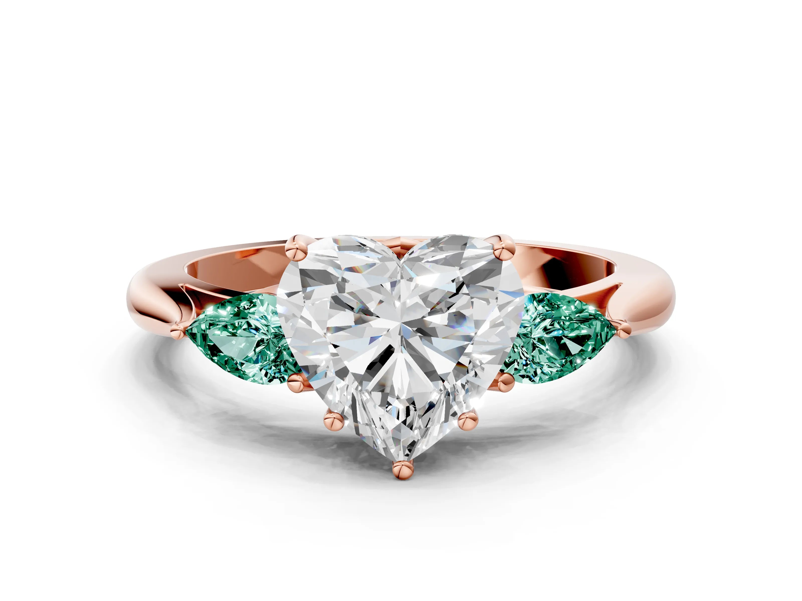 Rose gold Heart Cut Diamond Three-Stone Ring with Pear with Green Sapphire side stone Side Stones and Prong Setting