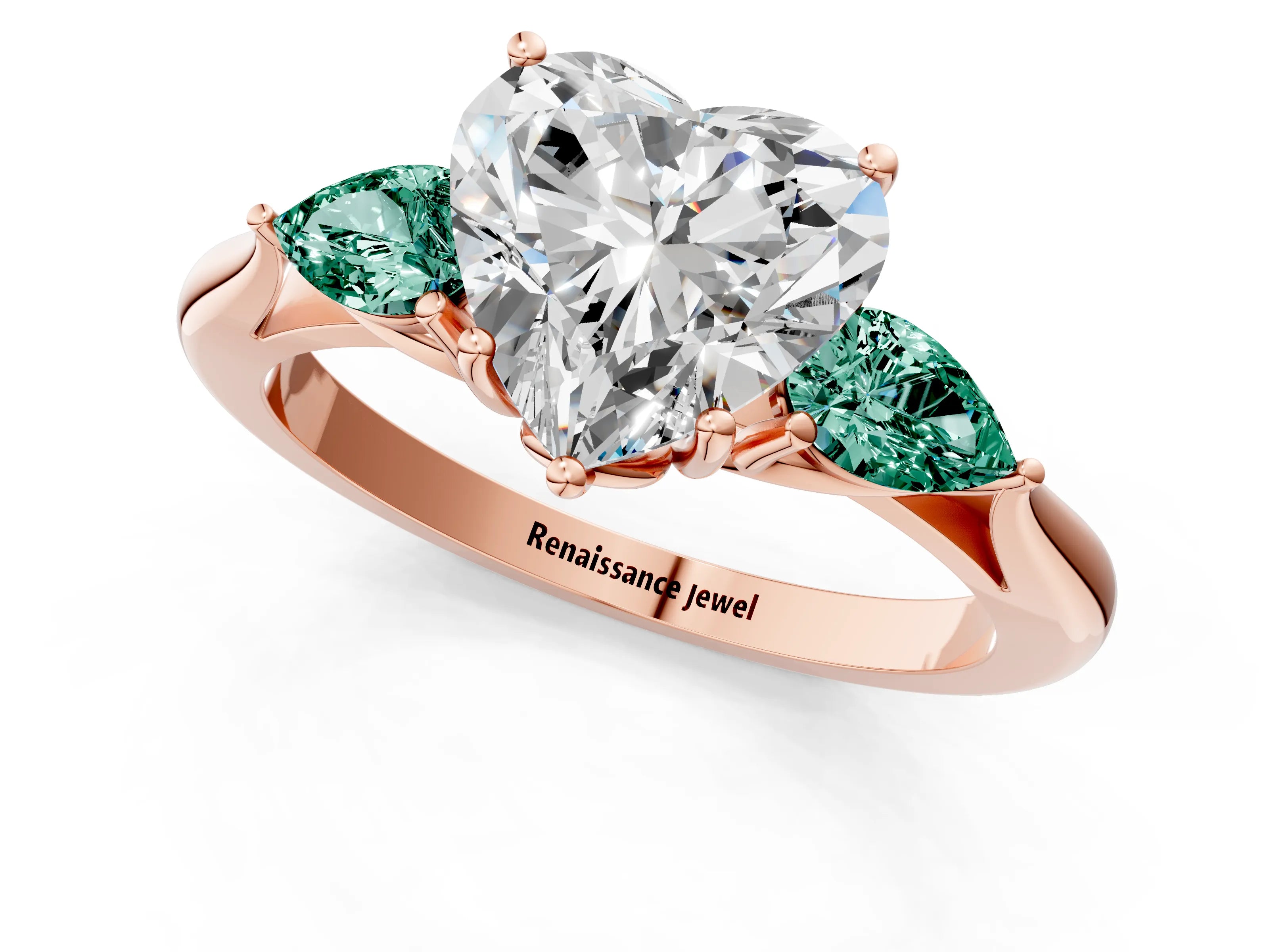 Rose gold Heart Cut Diamond Three-Stone Ring with Pear with Green Sapphire side stone Side Stones and Prong Setting_1
